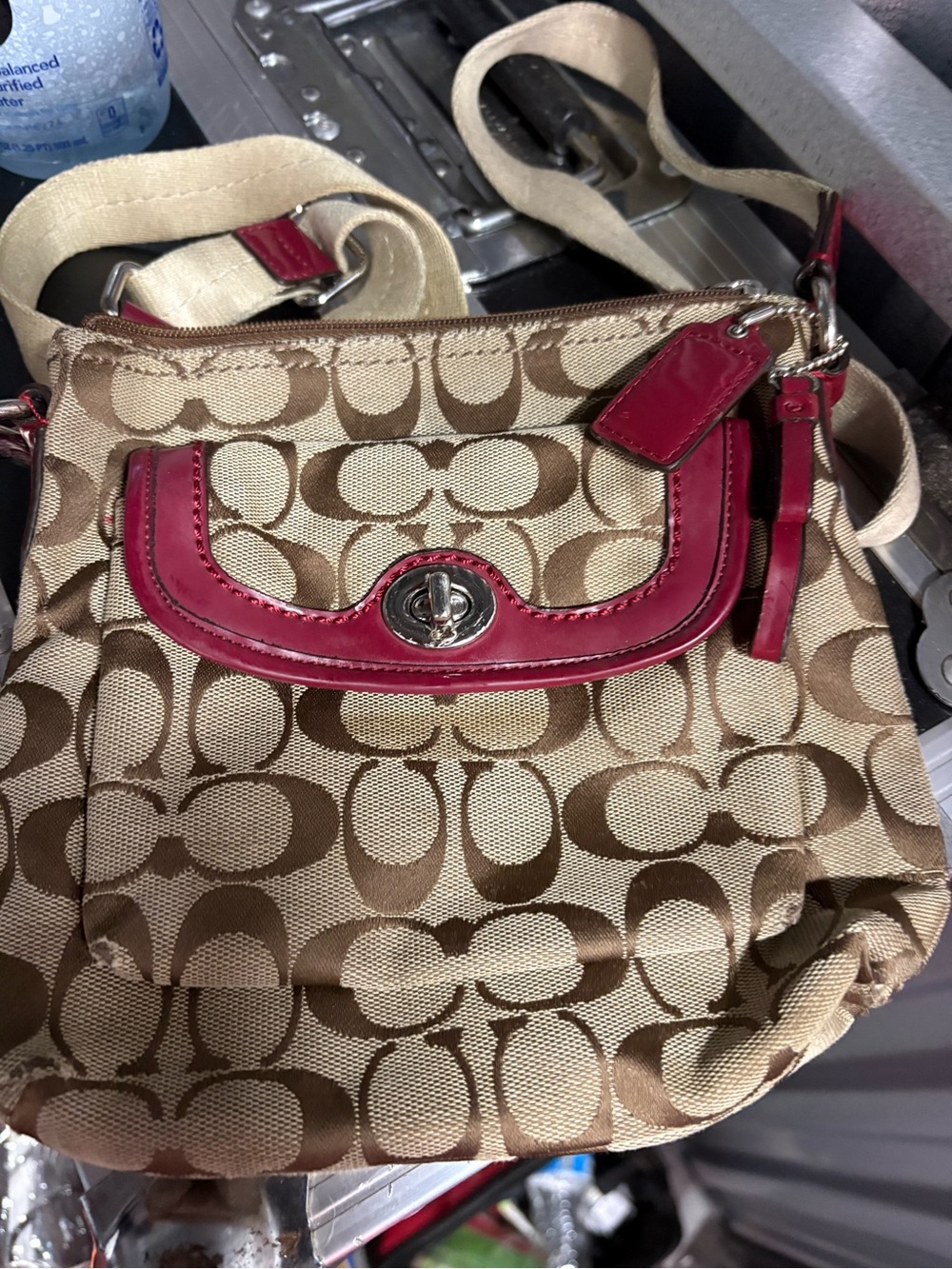 Coach Tan Signature Canvas Crossbody with Red Trim